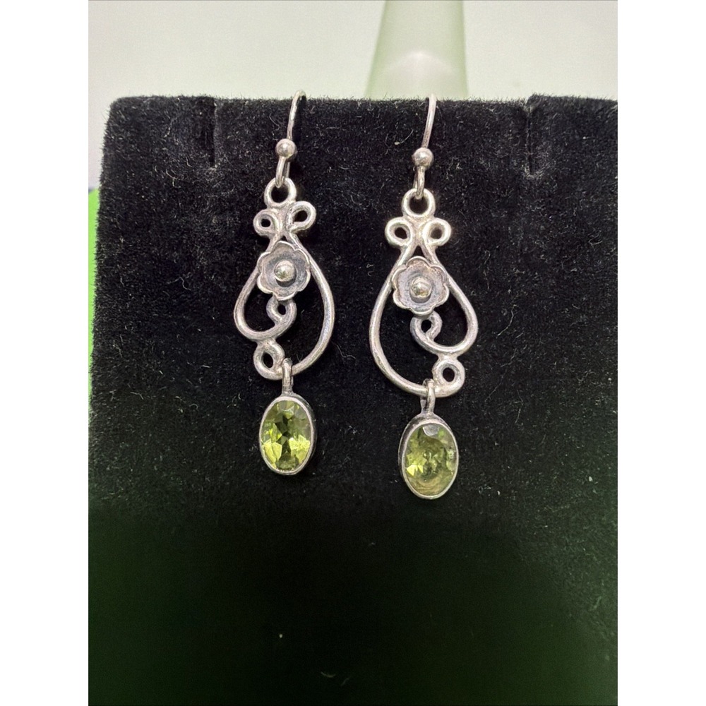 Vintage 925 Sterling Silver Natural Peridot Filigree Dangle Earrings